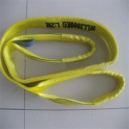 Two pale yellow flat woven lifting slings on a tiled floor, one printed along the band with a working load limit a
nd length and carrying a small blue identification label
