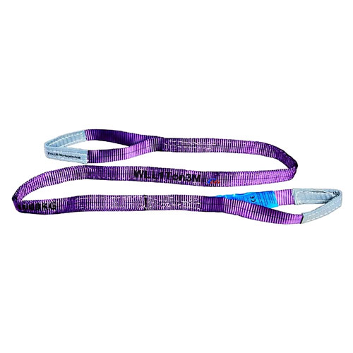one tonne round webbing sling photographed in the studio, the violet webbing with its eyes in white and a blue label, and the working load limit printed along the band