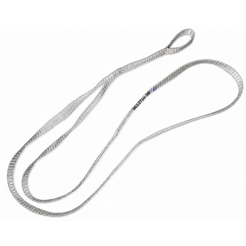 A long white flat woven sling closed into a loop, laid out on a plain white ground with a small printed marking block
along its upper run